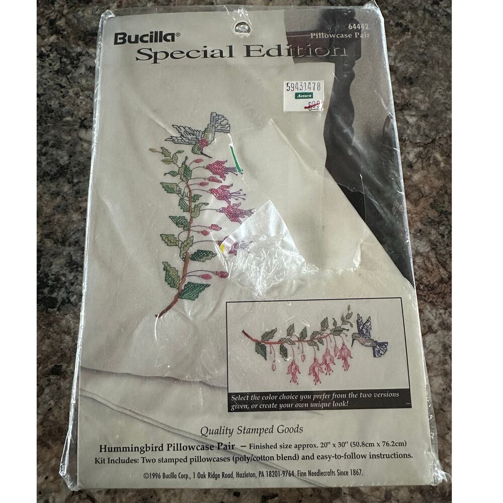 Vintage Bucilla Stamped Pillowcase Pair Hummingbirds 64442